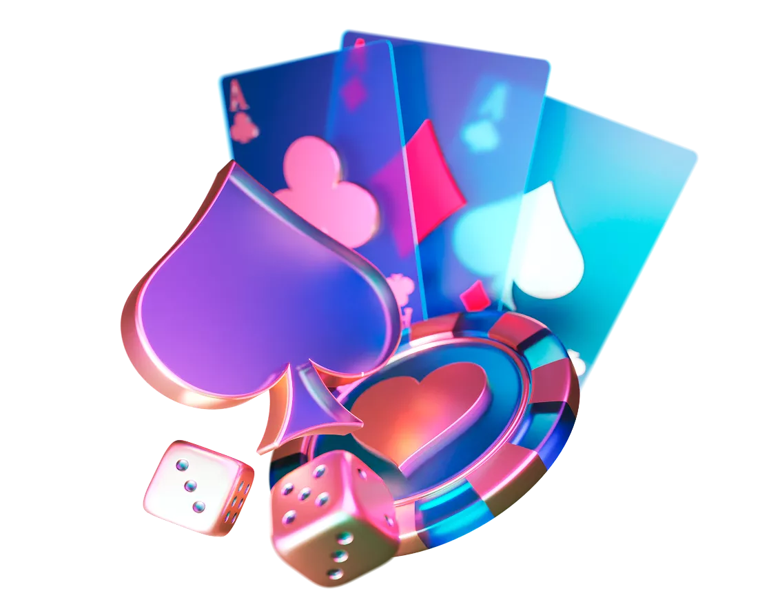 A collection of casino symbols including dice, chips, and playing cards, inviting you to play at Multicasino