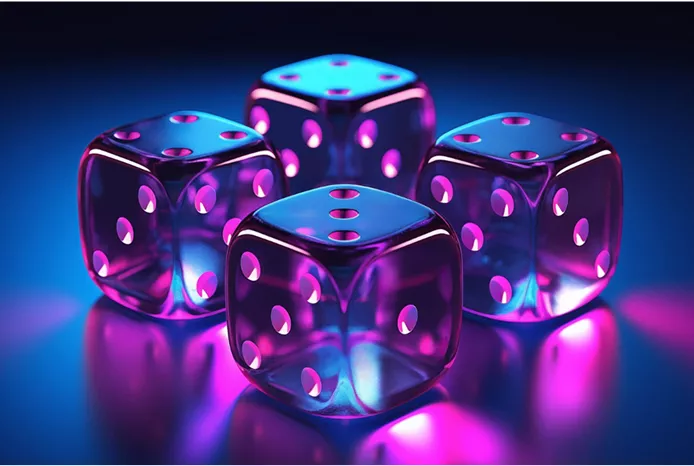 Four glass dice glowing with pink and blue light at Multicasino