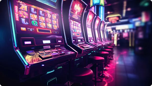 Row of brightly lit Multicasino slot machines waiting for players